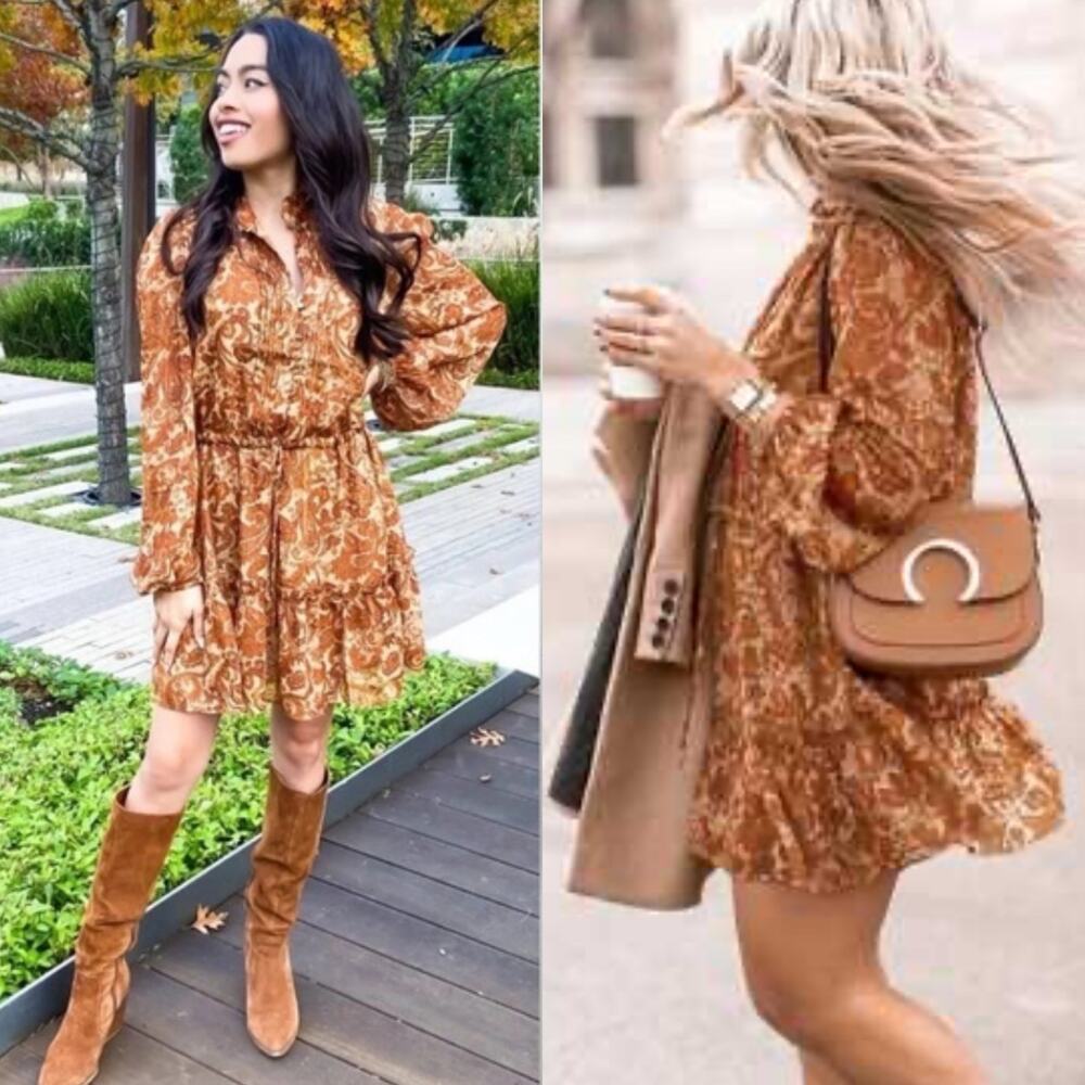 House of Harlow Burnt Orange Paisley Long Sleeve Dress